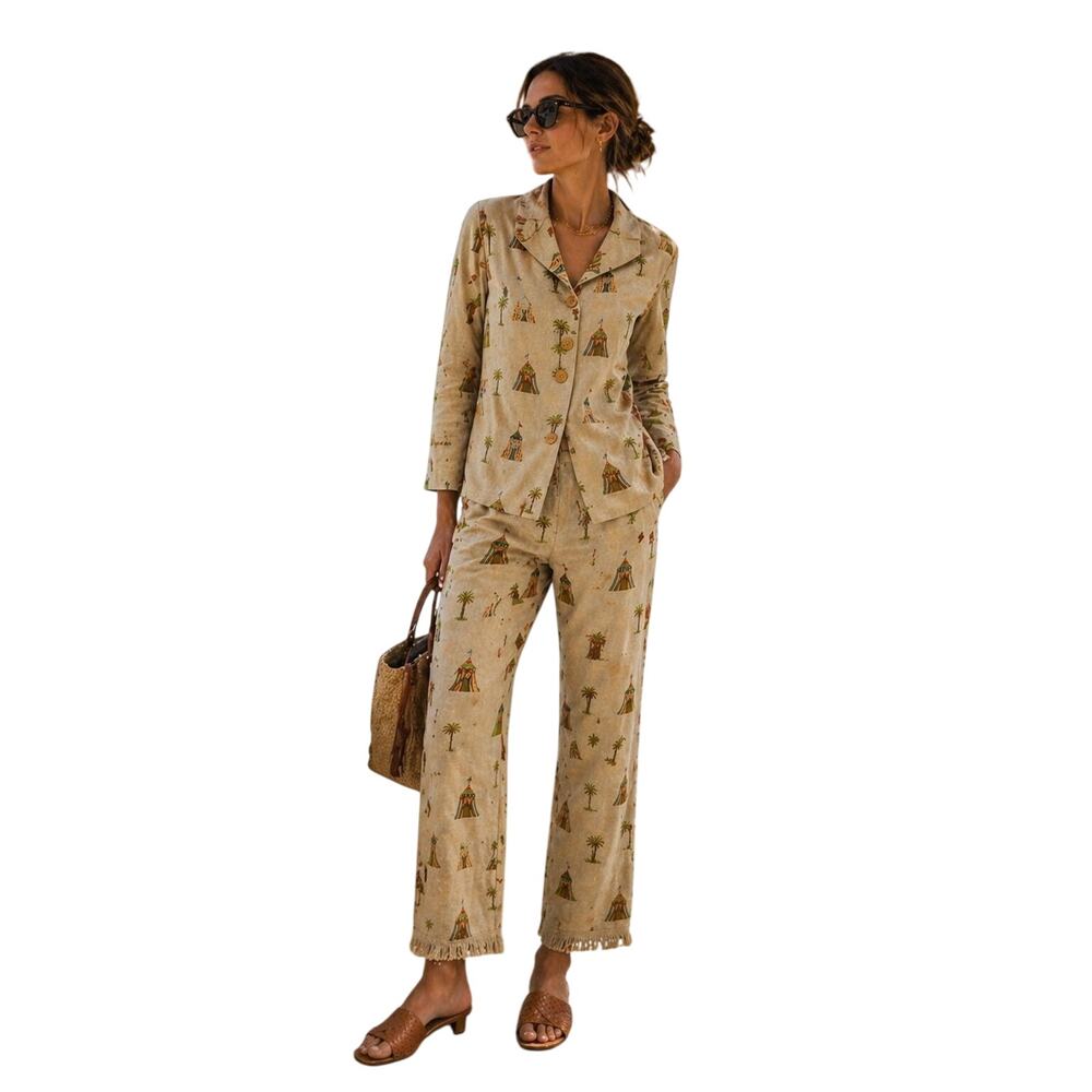 Vintage Maggy L Circus Print Womens Pant Suit Set Fringe Hem Novelty Resort 10P